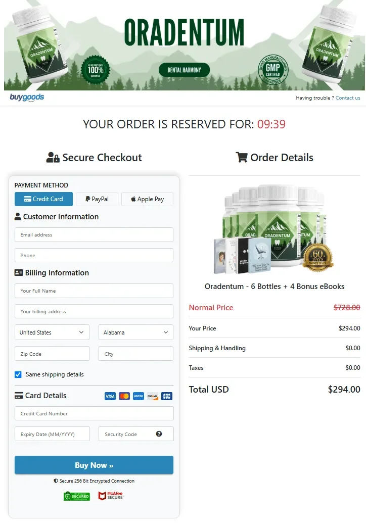 oradentum-secure-checkout-page